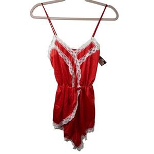 Lg NWT Vintage Red Satin Lace Teddy Romper Deadstock Holiday Lingerie One Piece